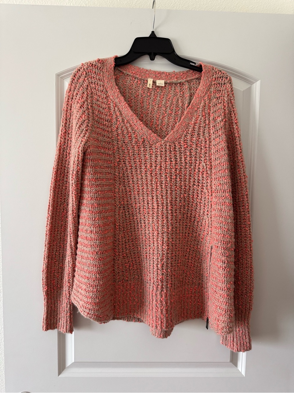 MOTH Anthropologie Coral Pink Textured V-Neck Sweater M Cotton/Wool/Alpaca